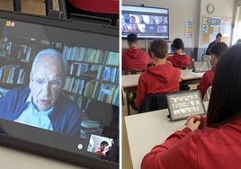 Alfonso Guerra charla con los alumnos del colegio de Totana.