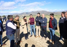 El alcalde y la consejera con representantes de los agricultores en cultivos afectados por la lluvia en la pedanía de La Hoya.