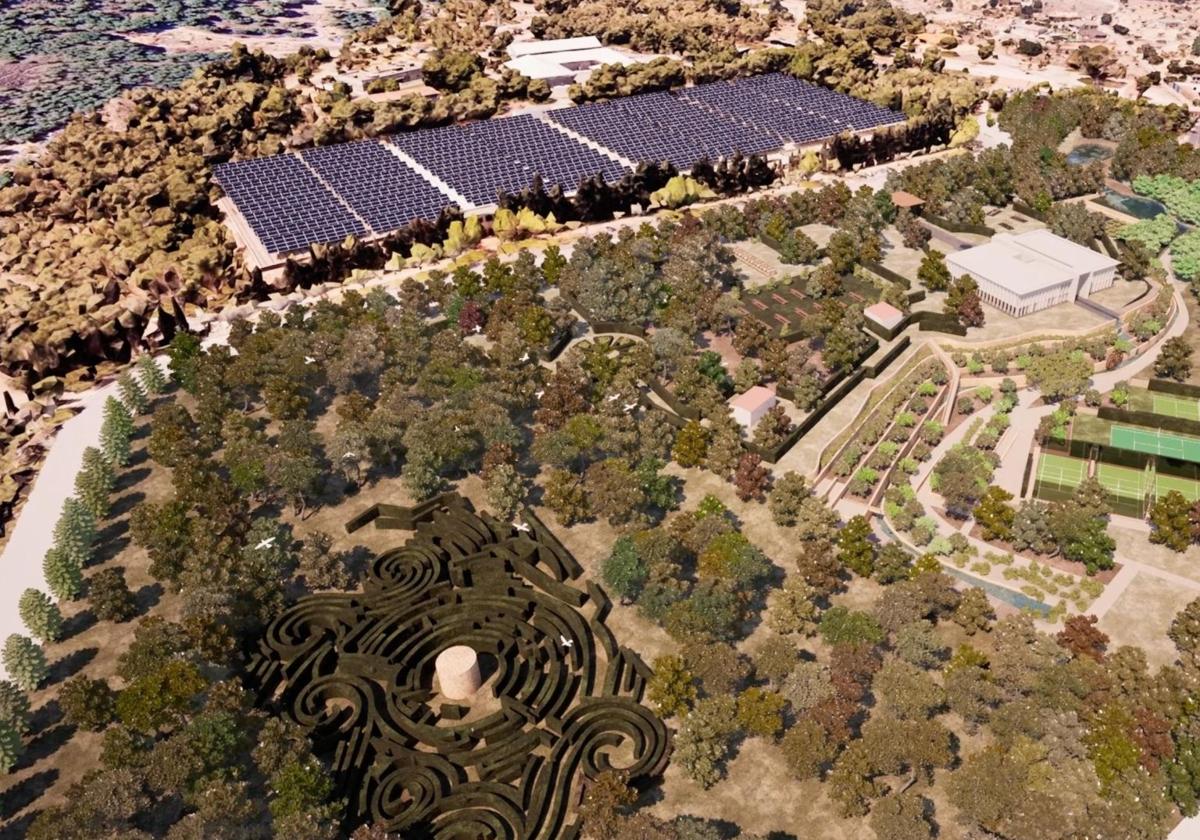 Panorámica de la recreación que se presentó este martes en la que se muestra el diseño completo del parque de Tentegorra, con el edificio en el camino de las pistas.