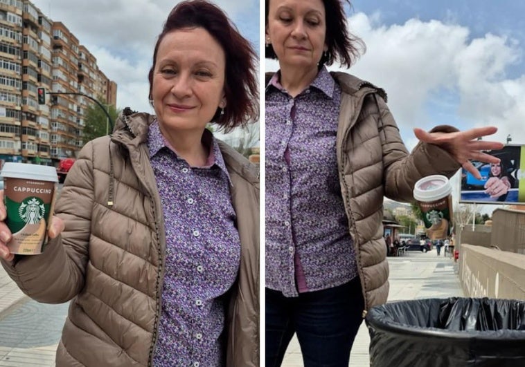 María Marín tira un café de Starbucks a la basura en la campaña en contra de los productos estadounidenses.