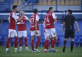 Varios jugadores del Real Murcia como Cadorini, Rojas y Saveljich protestan a Román Román, árbitro del partido ante el Alcorcón.