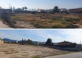 Antes y después de un solar adecentado de manera subsidiaria en la pedanía de Churra y que se ubica en la vereda de Fortuna.