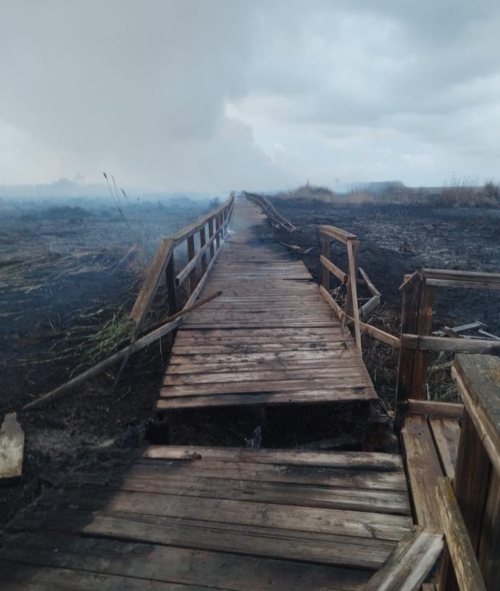 Imagen secundaria 2 - 1. Peter, un residente alemán del camping, señala el humo. 2. Un helicóptero trata de sofocar las llamas. 3. El estado en el que ha quedado la pasarela. 