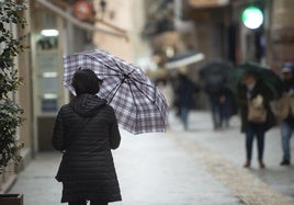 Imagen de archivo de los ciudadanos con paraguas para resguardarse de la lluvia en el centro de Murcia.