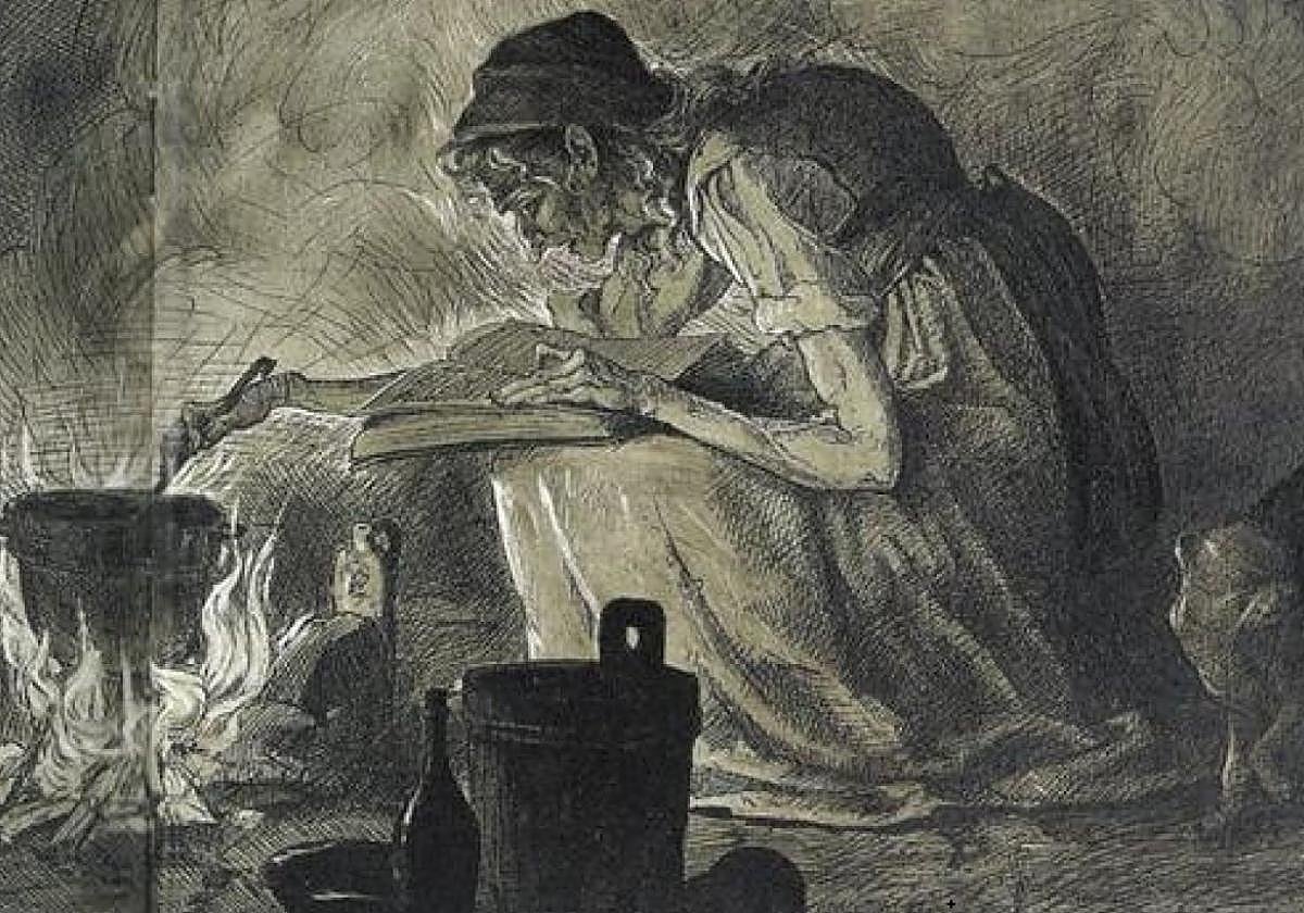 Escondida. Grabado de una bruja preparando sus pócimas y conjuros.