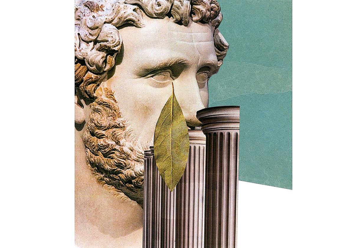 Collage de Miriam Martínez Abellán con la cabeza de una escultura del propio Adriano, representando su momento de juventud y gloria como emperador que contrasta con una hoja de laurel en primer plano que cae a modo de lágrima de uno de sus ojos.