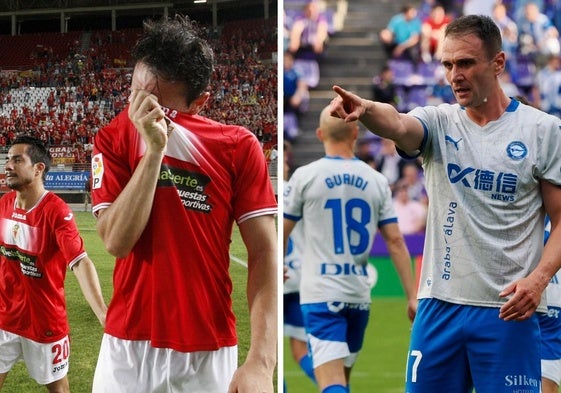 A la derecha, Kike tras marcar el pasado domingo el gol que salvó del descenso al Alavés; a la izquierda en 2014, tras su último partido de grana.