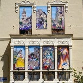 Murales en la fachada del edificio de la calle Simón García, en Murcia.