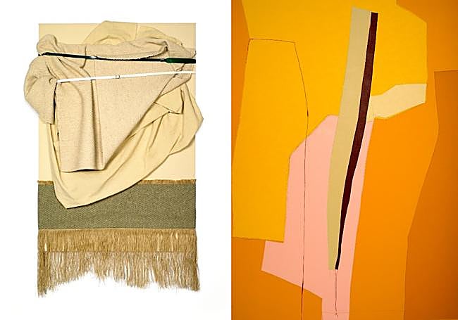 Izquierda: 'La vida quieta' (2025). Lana, yute y correa de caucho. Derecha: 'El Campano Guerrero' (2024). Collage de PVC cosido.