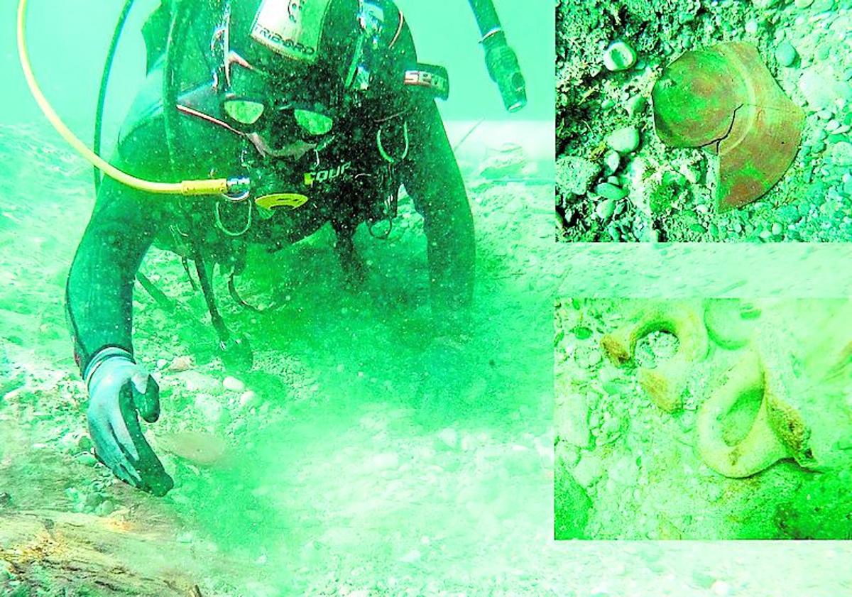 Imagen principal - Arriba: Sondeo de 2020 en el entorno de la Isla de Adentro (Mazarrón) y detalle de materiales encontrados. Abajo: Cerámica y restos de un peine.