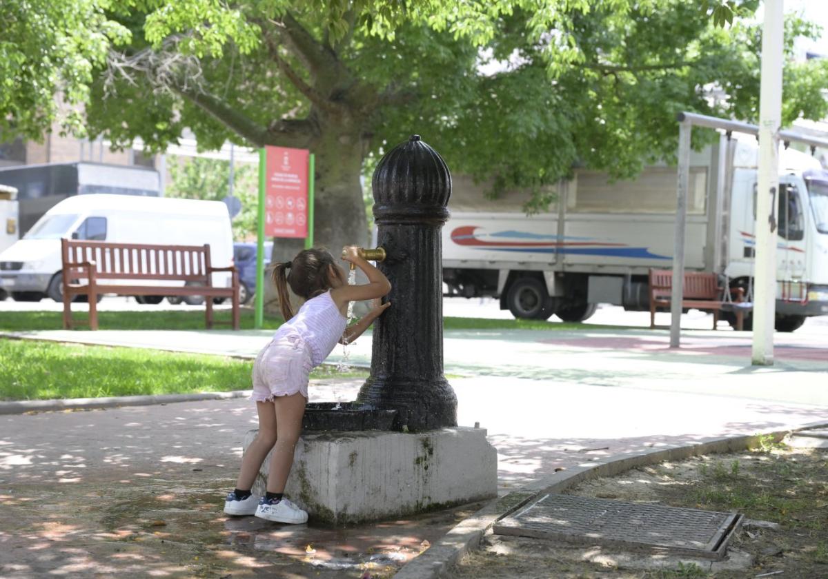 Una niña bebe agua del suministro municipal en una fuente pública ubicada en el parque de Fofó, en Murcia.