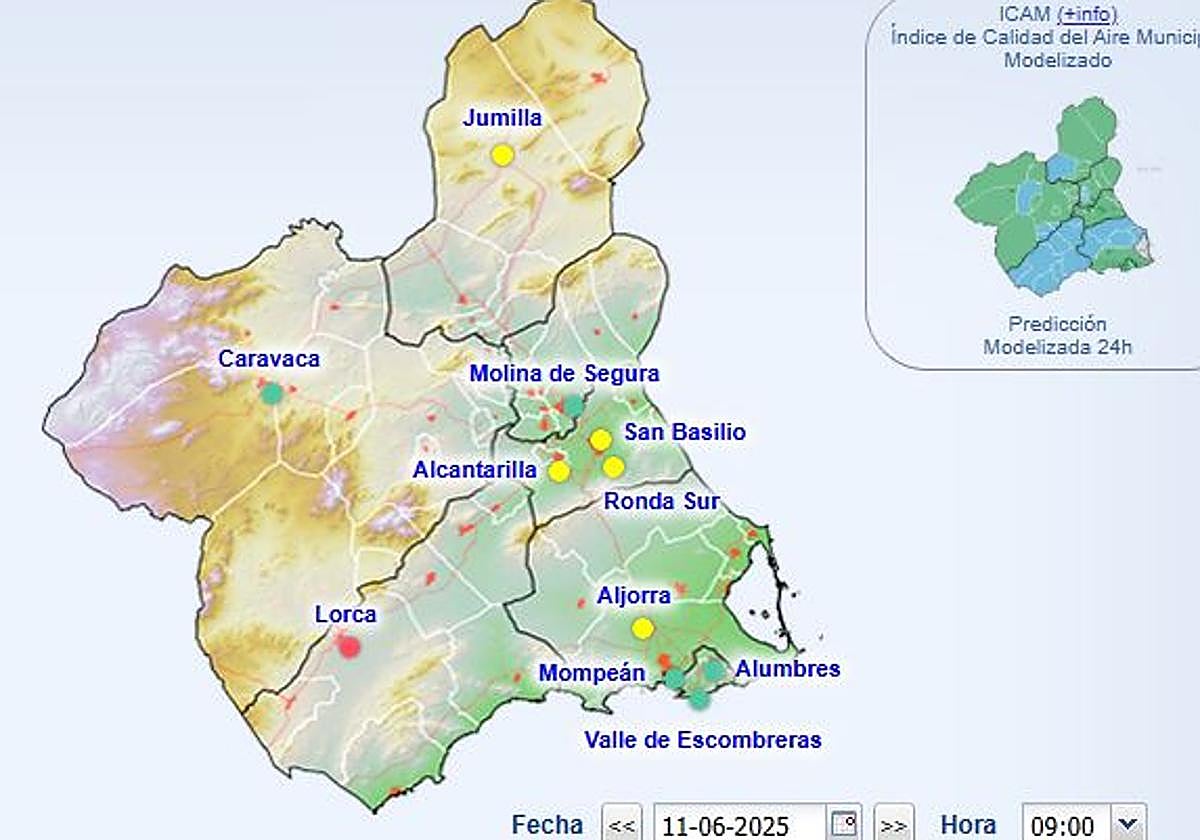 El mapa de la calidad del aire en la Región de Murcia, este miércoles a las 9 horas.