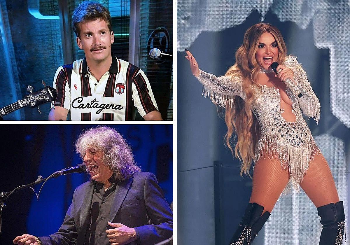 Grison en La Revuelta en 2024, José Mercé en una actuación en 2019 y Melody durante la final de Eurovisión.