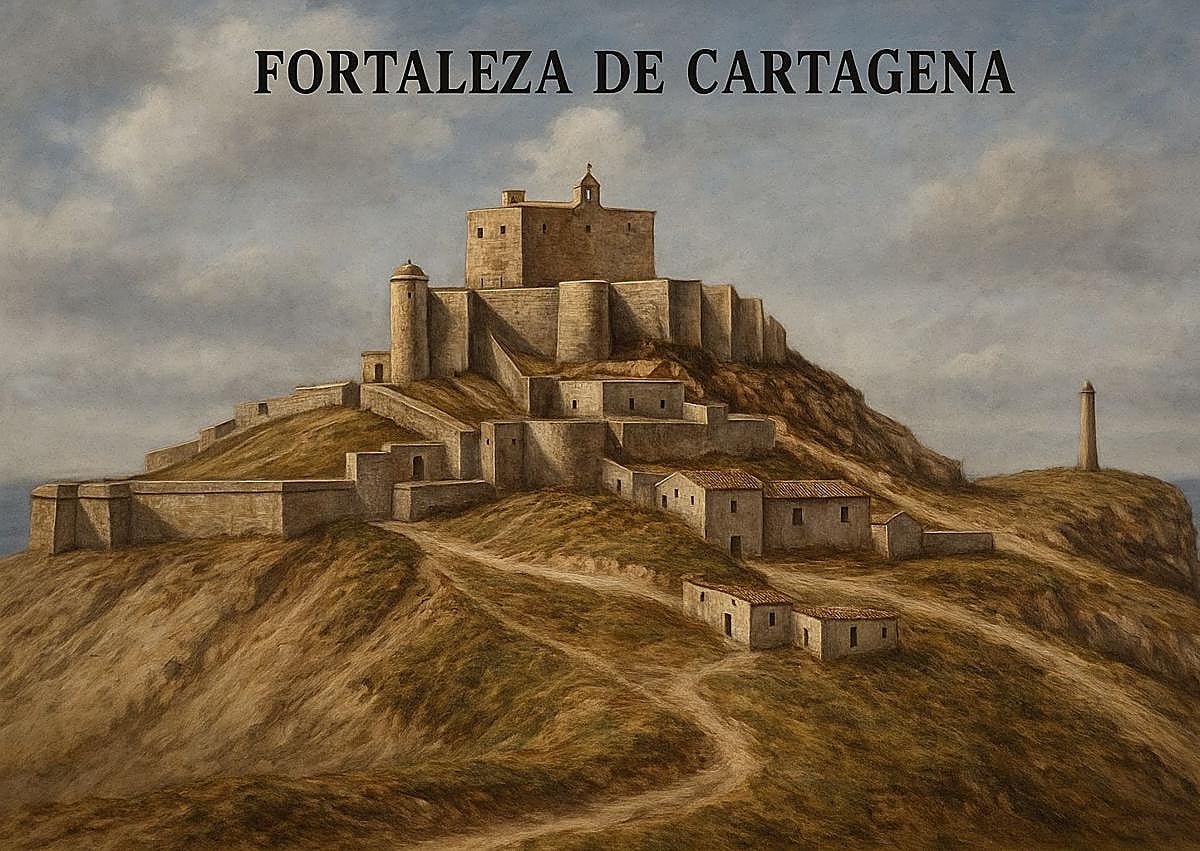 Imagen secundaria 1 - 1. Fortaleza de Cartagena donde residia el alcaide, el otro contrapoder junto al alcalde y su Concejo. 2. Imagen generada con IA en donde aparece Nicolás de Aniorte como alcalde.