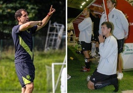 Iosu Rivas, en un entrenamiento de la semana pasada con el filial de la Real Sociedad en las instalaciones de Zubieta. Arrodillado antes de que Sabino lanzara el penalti que falló en el partido por el ascenso contra el Vecindario, el 11 de junio de 2006.
