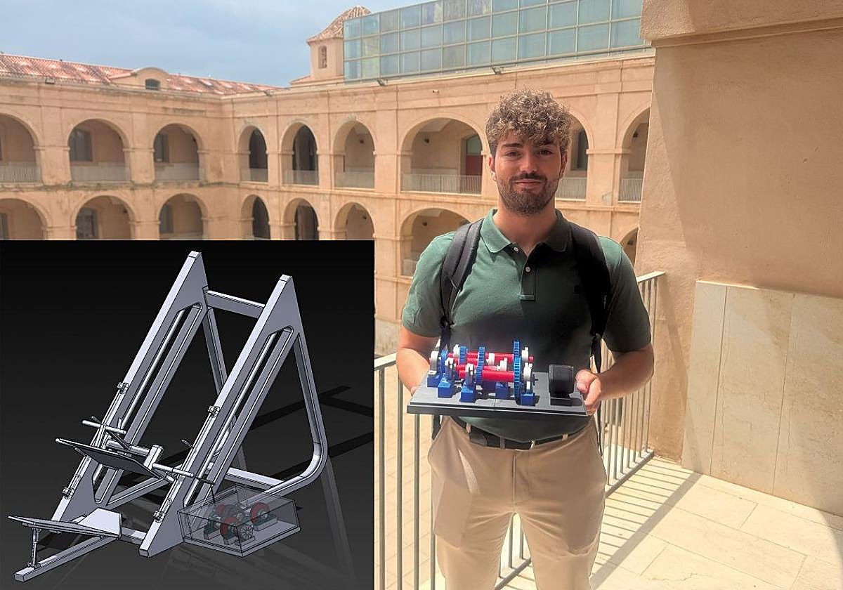 Sergio Abellán sostiene el demostrador mecánico que ha fabricado. Al lado, una renderización de cómo se uniría a una prensa de piernas.