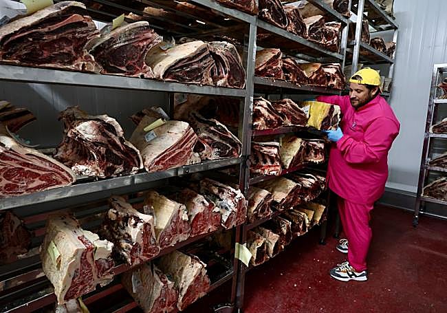 Paco Rosa selecciona piezas de vacuno de las que saldrán los chuletones.