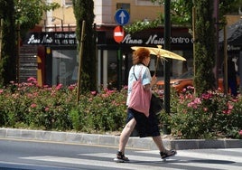 Una mujer cruza un paso de peatones en Murcia con una sombrilla para protegerse del sol.