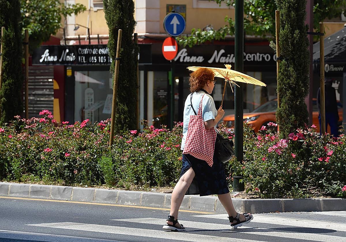 Una mujer cruza un paso de peatones en Murcia con una sombrilla para protegerse del sol.