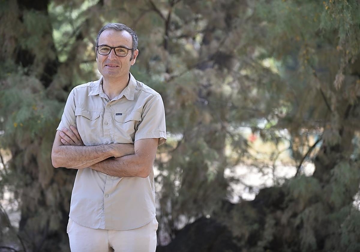El coautor del libro, biólogo y profesor asociado de la UA Félix Carrillo posa junto a un longevo taray del jardín del Malecón.