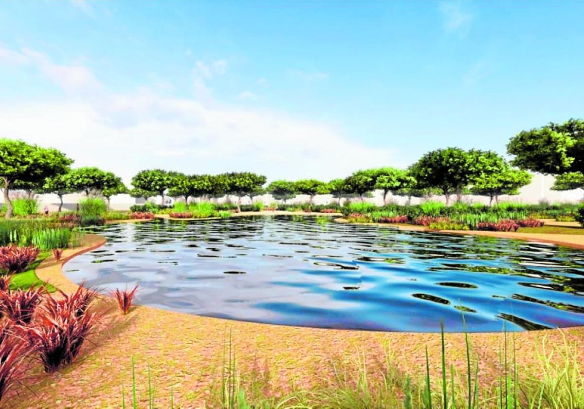 Recreación del lago artificial que recogerá las aguas pluviales para evitar inundaciones.