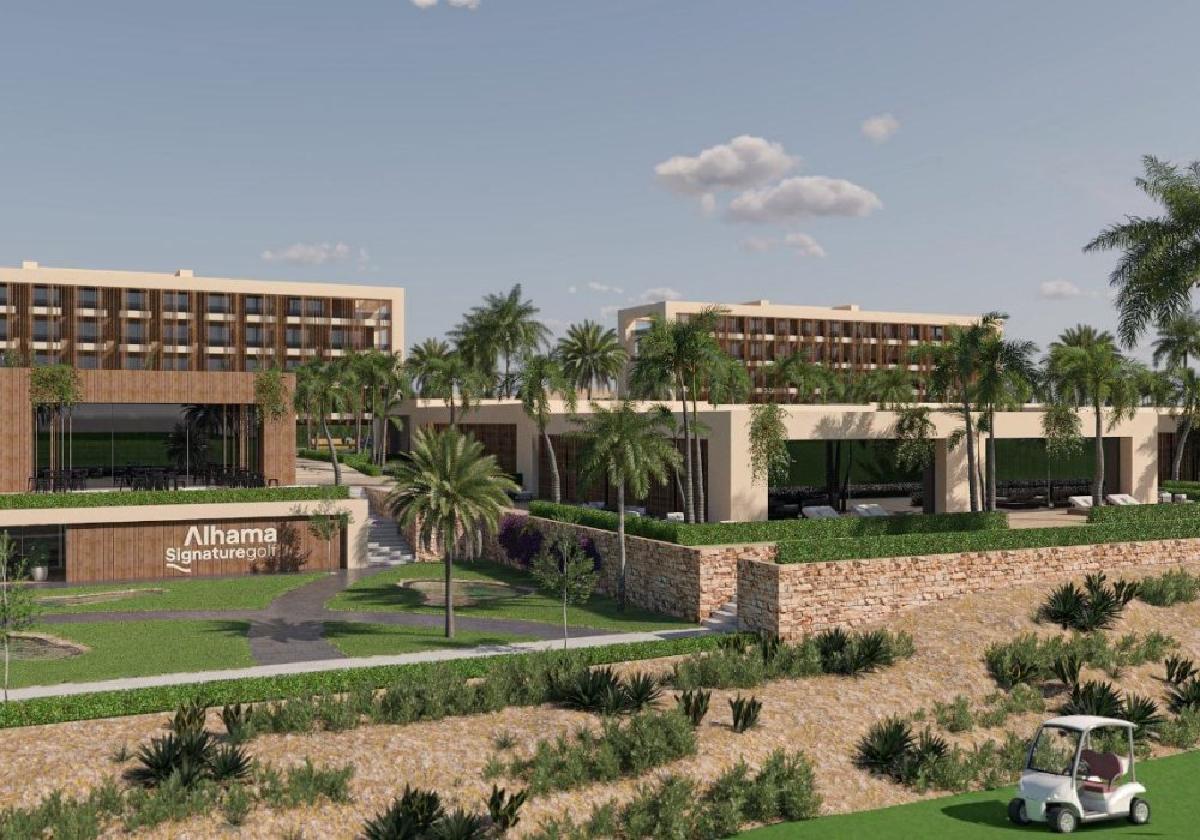 Recreación virtual del complejo, con el hotel en la parte derecha.