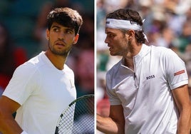 Carlos Alcaraz y Taylor Fritz, durante un partido de esta semana en Wimbledon.