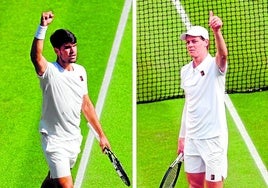 Carlos Alcaraz y Taylor Fritz, durante un partido de esta semana en Wimbledon.