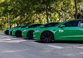 Imagen de los vehículos de Bolt, rotulados con la marca de la compañía, que ya operan en Murcia.