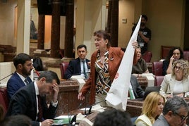 María Marín con un capirote del 'Ku Klux Klan' en el escaño de Antelo, este miércoles