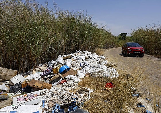 Escombros y otros desechos en el camino de servicio de la acequia Churra la Vieja, en El Puntal.