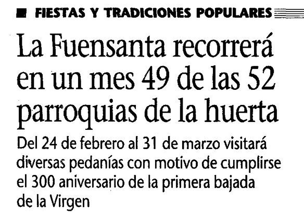 Imagen secundaria 1 - 1. El periódico LA VERDAD también fue el primero en contar que la Morenica visitaría las pedanías murcianas. 2. La Fuensanta, aquel año, en el Puente Viejo.