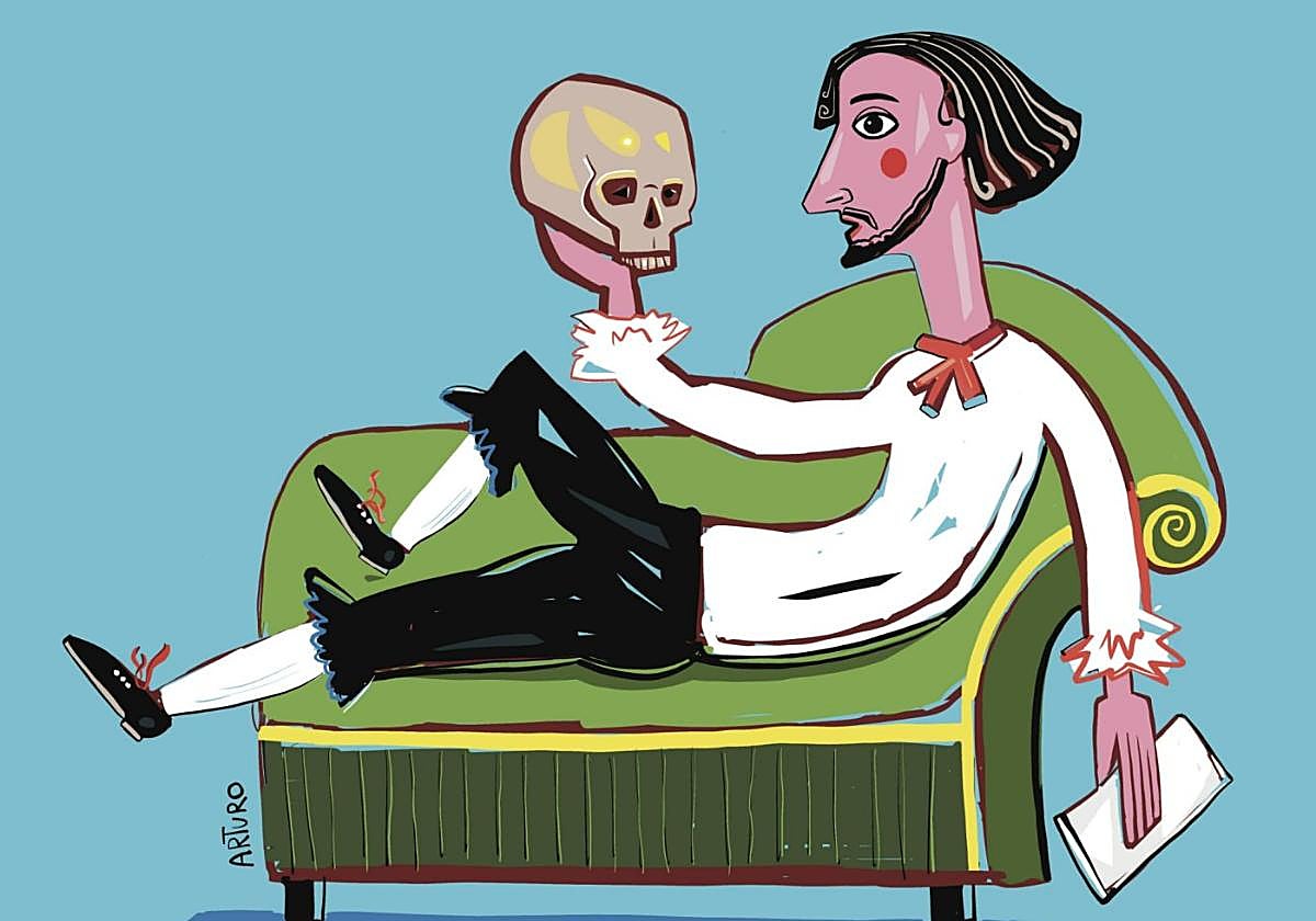 tEl dibujante e ilustrador murciano Arturo Pérez firma esta ilustración especial para LA VERDAD, con William Shakespeare en el sofá con un libro en una mano y una calavera en la otra.