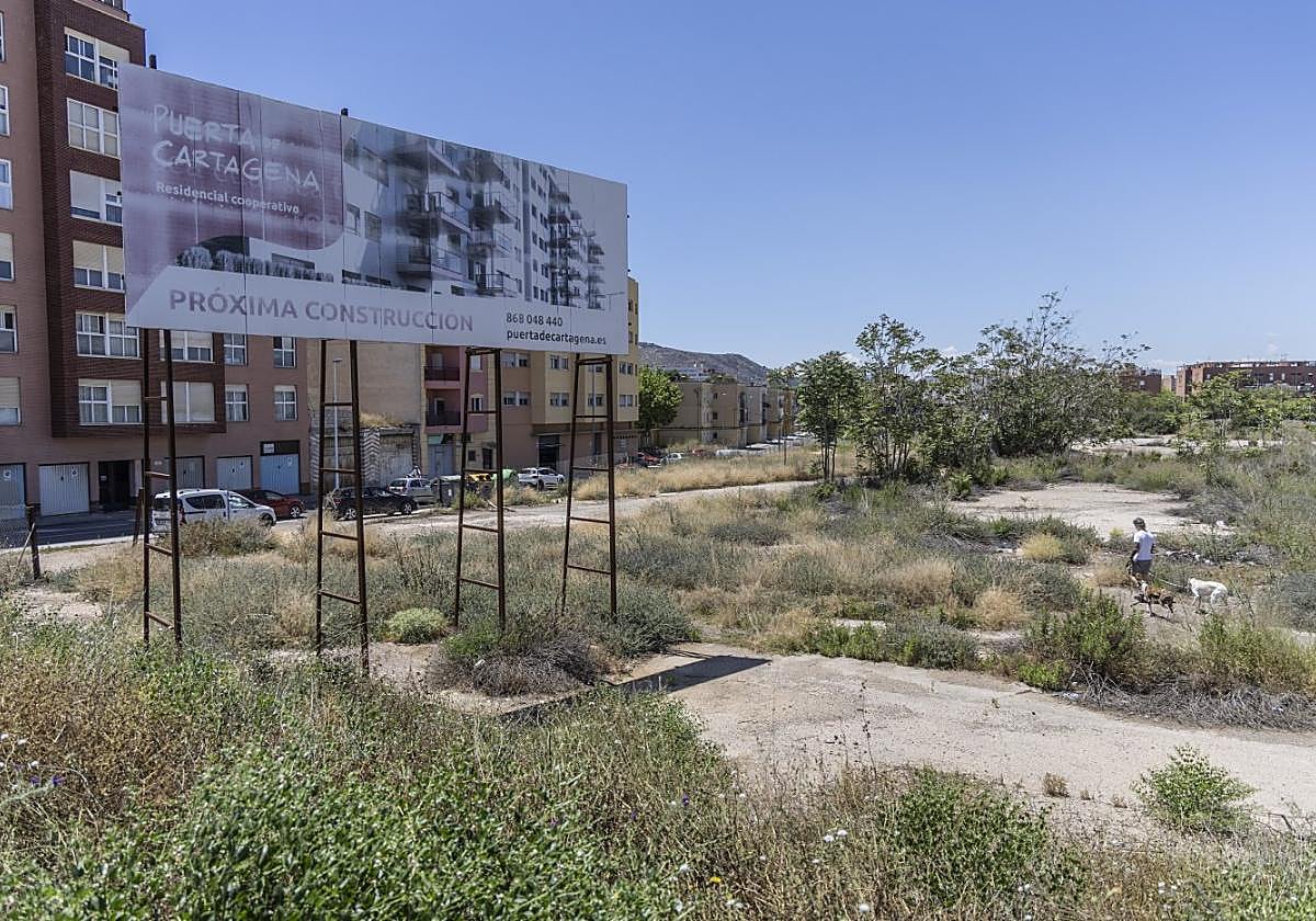 Un hombre pasea a su perro por los terrenos, donde todavía hay un cartel anunciando que habrá construcciones.