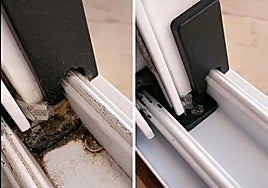 Riel del marco de una ventana, antes y después de la limpieza.