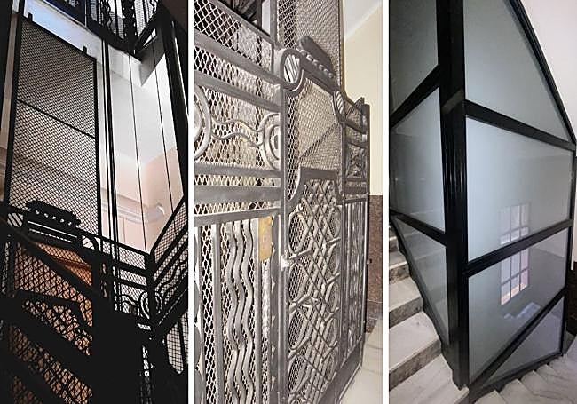 El hueco del ascensor ahora recubierto (izq), (c) parte de la rejería retirada y la situación actual del hueco (dcha).