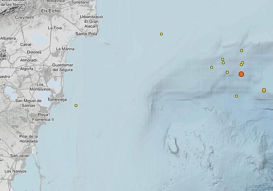 Ubicación de los terremotos de la última noche frente a Alicante.