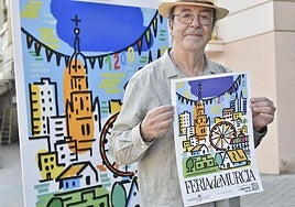 El artista Esteban Linares posa con su diseño del cartel de la Feria de Murcia.