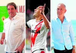 Asier Goiria, director deportivo grana; Radamel Falcao, tras marcar un gol con el Rayo Vallecano; Felipe Moreno, en una playa de Torrevieja.
