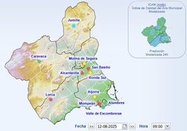 Índice de calidad del aire en la Región de Murcia, a las 9 horas de este martes.