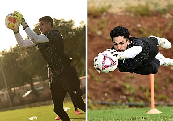 Lucho García bloca el balón en un entrenamiento. Iván Martínez se estira para atrapar un disparo.