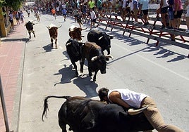 Uno de los participantes en el encierro, alcanzado por un novillo.