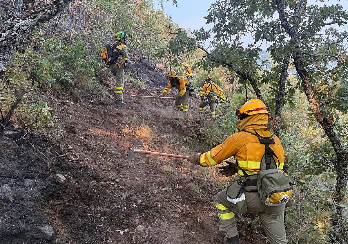 Bomberos forestales de la Región de Murcia, este martes, en uno de los fuegos declarados en Cáceres.