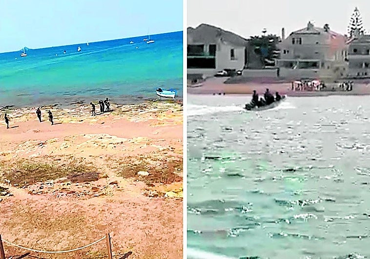 Momento del desembarco de una patera en una playa entre Cabo de Palos y La Manga. A la derecha, la embarcación aproximándose al arenal.