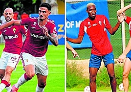 Matheus Cadorini, jugador del Real Murcia, ante el Orihuela; y Mathieu Seyram, jugador del Imperial, contra el Lorca Deportiva.