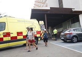 Clientes del Hotel Cavanna junto a una de las ambulancias que el domingo acudieron al establecimiento para atender a los afectados.