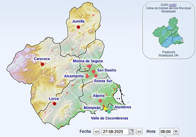 Índice de la calidad del aire, este miércoles a las 8 horas, en la Región de Murcia.