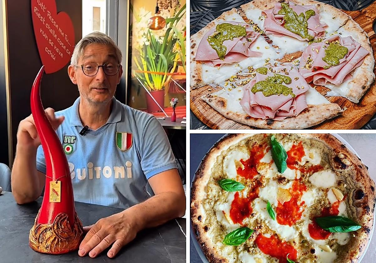 El pizzaolo Farinari Venerando y dos de sus pizzas.