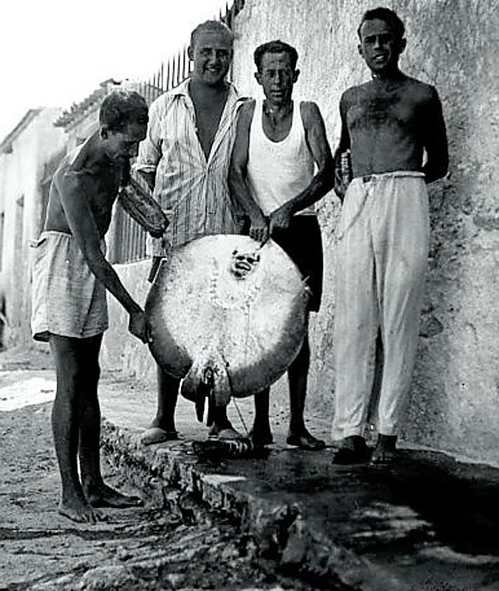 Imagen secundaria 2 - Balneario de San Bernardo, en la bahía (c. 1930). | Ana María Blanco Inglés, leyendo en el porche de la casa de veraneo, en el paseo de la Barra. En segundo plano, su madre, María Francisca Inglés Maestre, con unos prismáticos (c. 1960-1962). | Grupo de aficionados, con una mantarraya (c. 1945). 