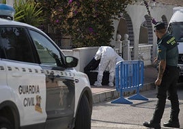 Agentes de la Guardia Civil, ataviados con monos, durante el registro de la vivienda.